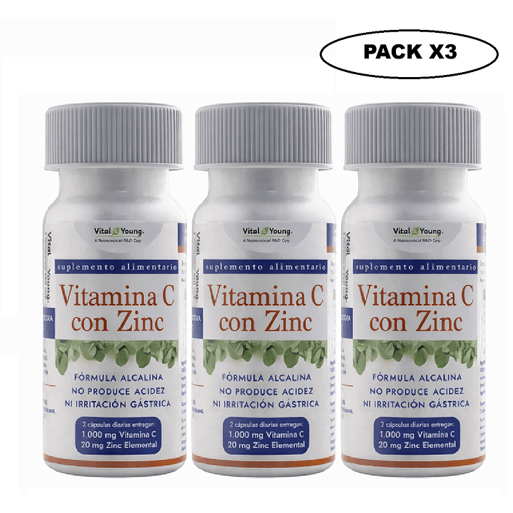 Vitamina C con Zinc 60 Cápsulas 610 mg Alcalina Pack x3 1