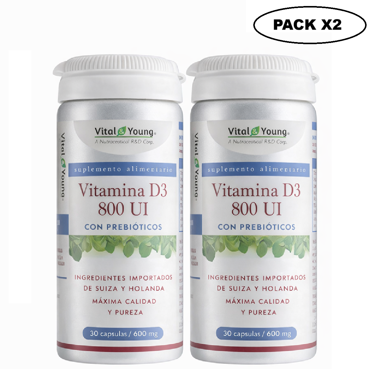 Vitamina D3 800 UI con Prebióticos 30 Cápsulas Vital & Young Pack x2