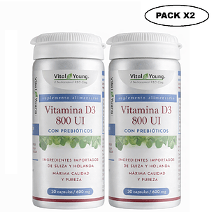 Vitamina D3 800 UI con Prebióticos 30 Cápsulas Pack x2