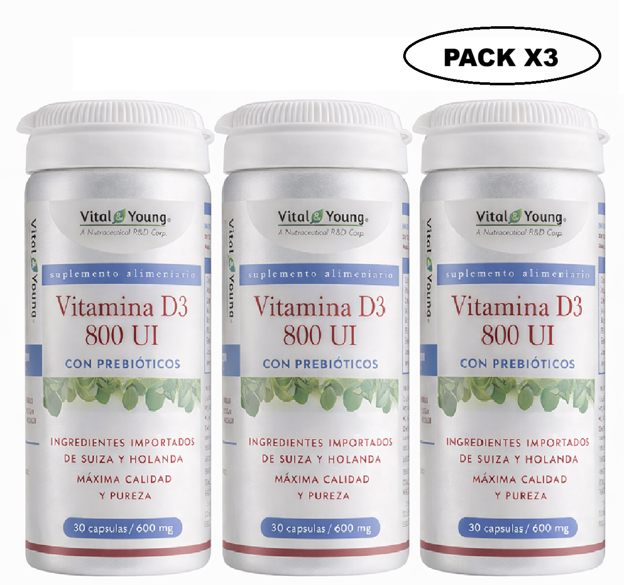 Vitamina D3 800 UI con Prebióticos 30 Cápsulas Vital & Young Pack x 3