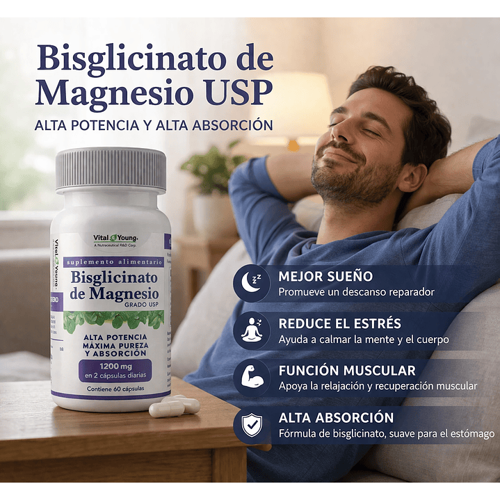 Bisglicinato de Magnesio USP 60 Cápsulas 600 mg Pack x2 6