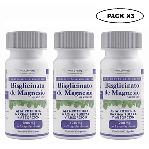 Bisglicinato de Magnesio USP 60 Cápsulas 600 mg Pack x3