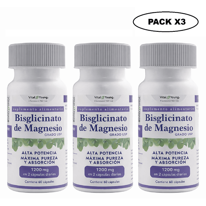 Bisglicinato de Magnesio USP 60 Cápsulas 600 mg Pack x3 1