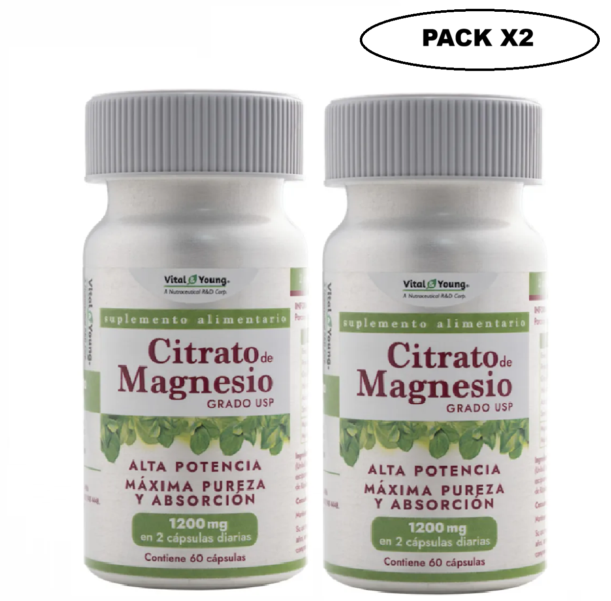 Citrato de Magnesio USP 60 Cápsulas Vital & Young Pack x2