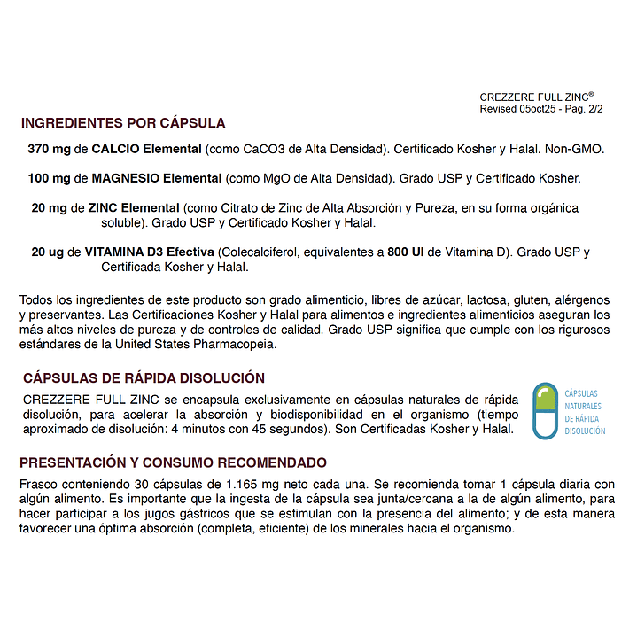 Crezzere Full Zinc 30 Cápsulas 1165 mg Inmunidad Pack x2 6
