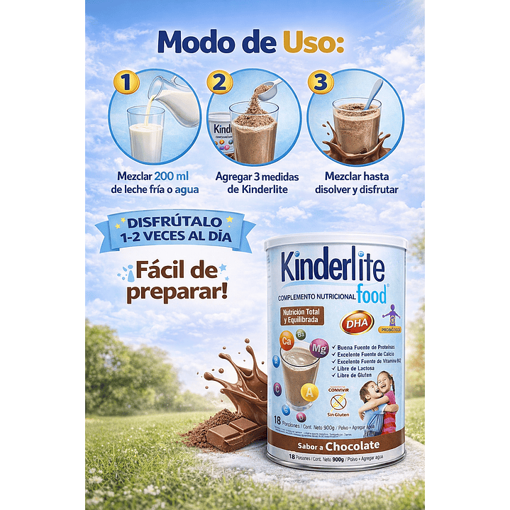 Kinderlite Chocolate Complemento Nutricional Niños 900g Pack x3 3