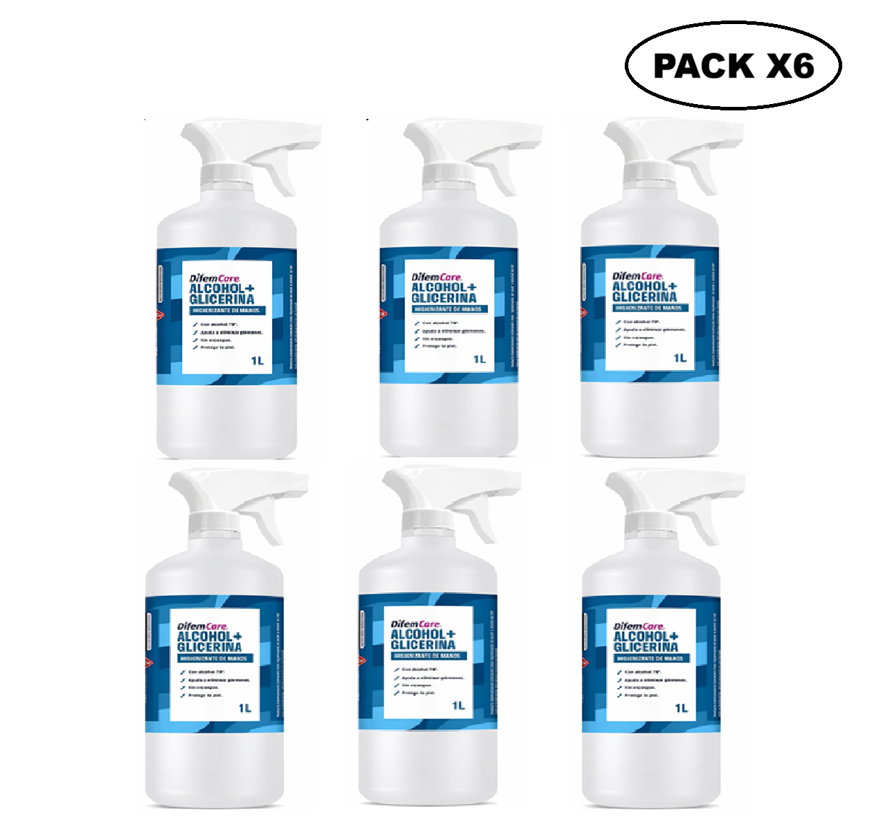 Alcohol Spray 70° Difem 1L con Glicerina Pack x6