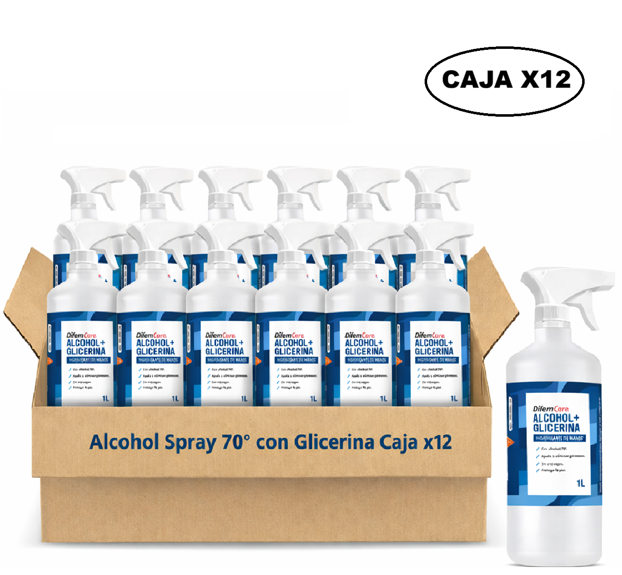 Alcohol Spray 70° Difem 1L con Glicerina Caja x12