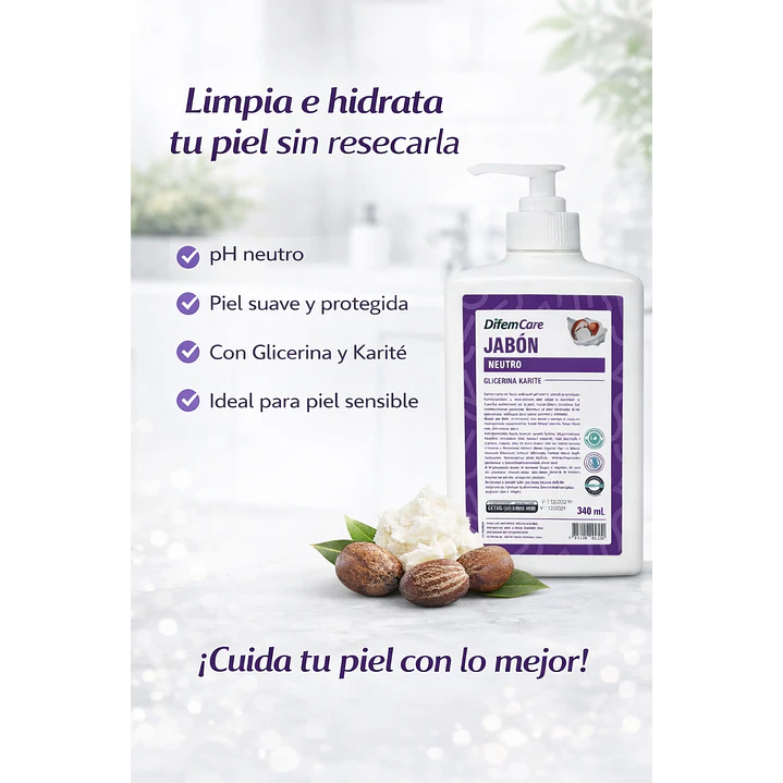 Jabón pH Neutro Glicerina Karité  Hidratante Difem 340ml 4