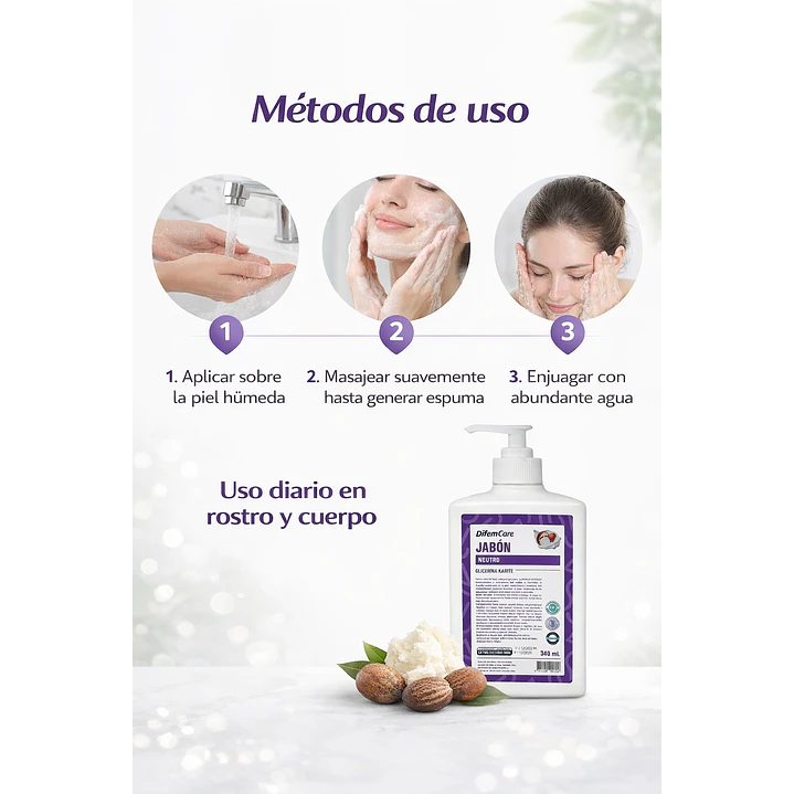 Jabón pH Neutro Glicerina Karité  Hidratante Difem 340ml 5