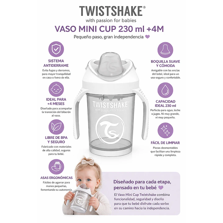 Vaso Bebé  Antiderrame +4M Twistshake Mini Cup Blanco  230ml  3