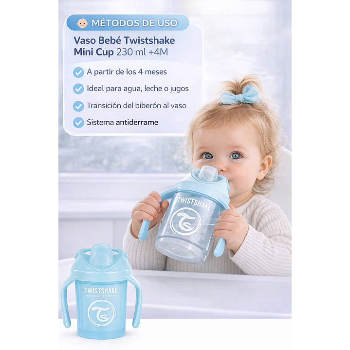 Vaso Bebé Antiderrame +4M Twistshake Mini Cup Azul 230ml  4