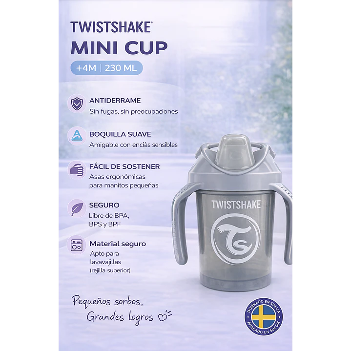 Vaso Bebé Antiderrame +4M Twistshake Mini Cup Gris 230ml 3