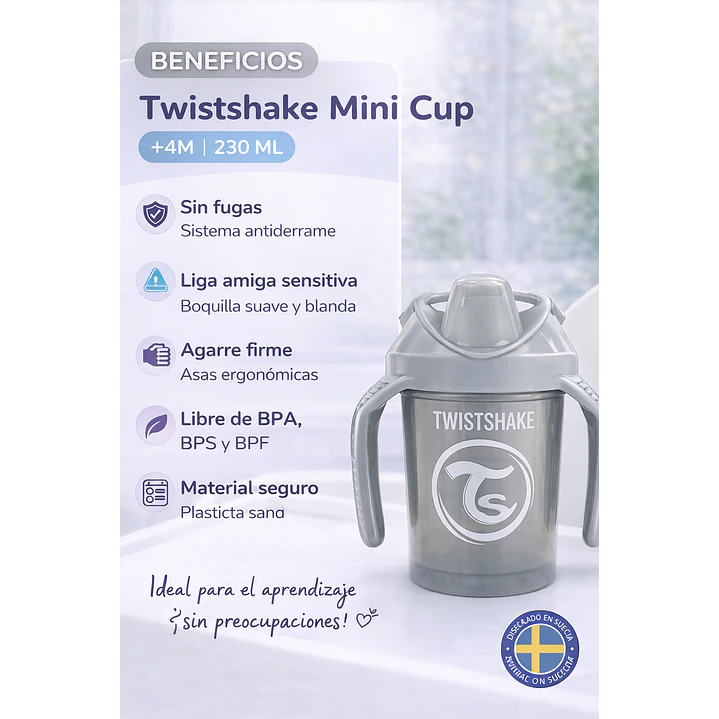 Vaso Bebé Antiderrame +4M Twistshake Mini Cup Gris 230ml 5