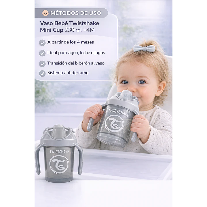 Vaso Bebé Antiderrame +4M Twistshake Mini Cup Gris 230ml 4