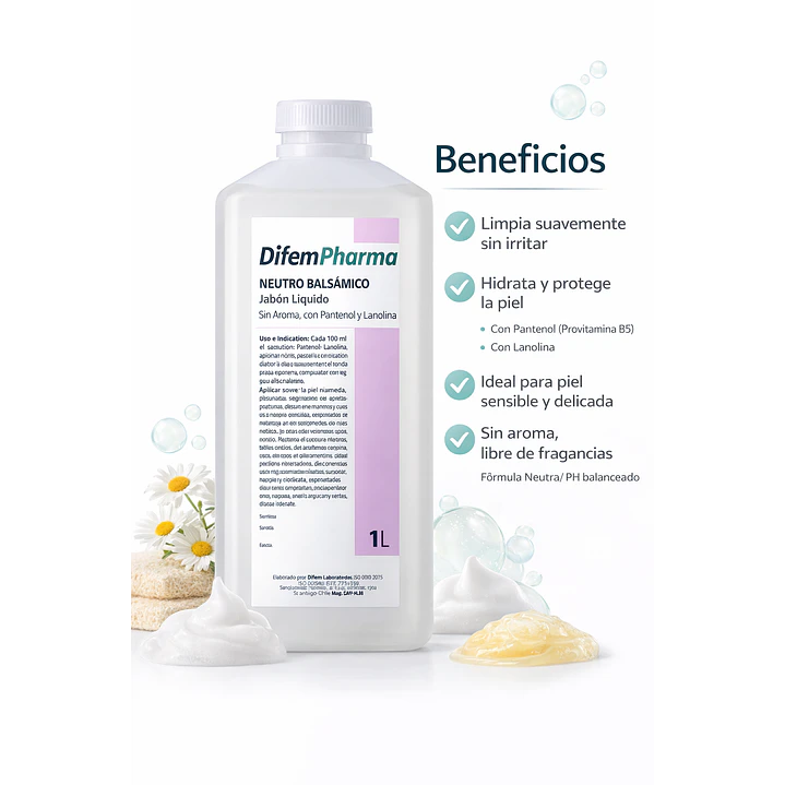 Jabón Neutro Balsámico Difem Sin Aroma Con Pantenol y Lanolina 1 L Pack x6 3