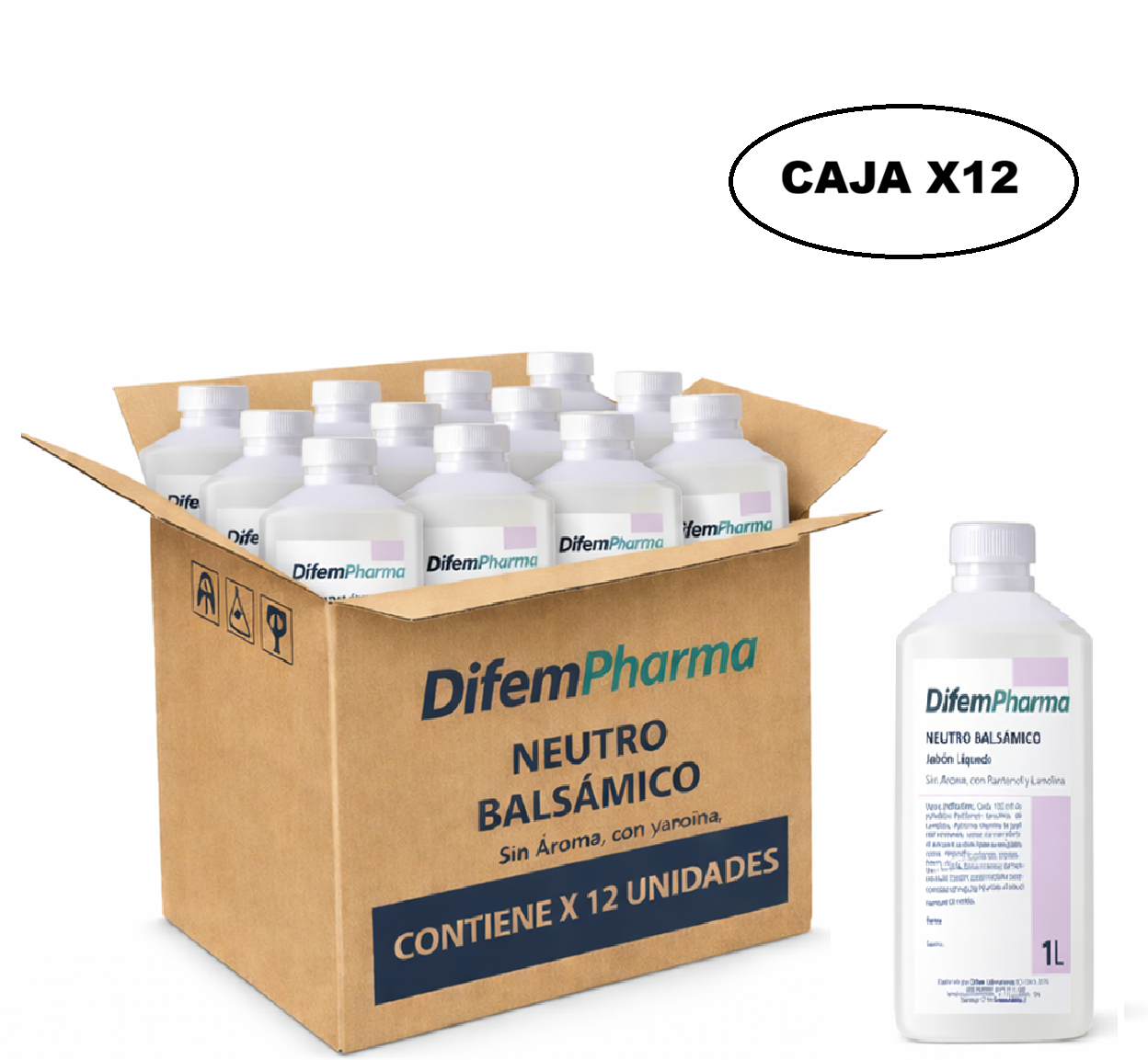 Jabón Neutro Balsámico Difem Sin Aroma Con Pantenol y Lanolina 1 L Caja x12