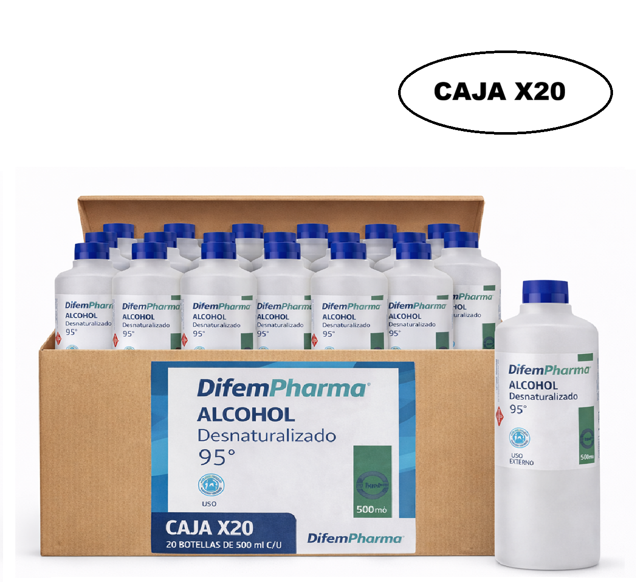 Alcohol Desnaturalizado 95% Difem 500ml Caja x20