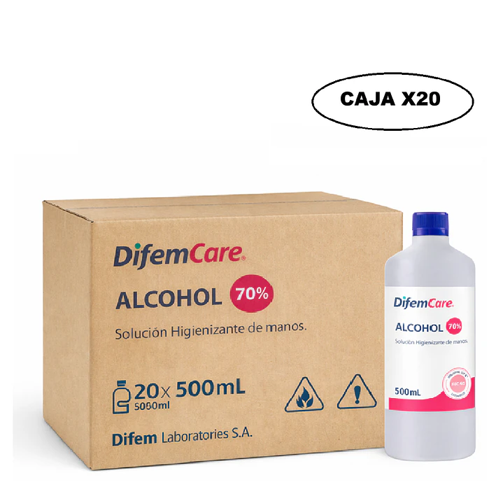 Alcohol Higienizante De Manos 70% Difem 500ml Caja x20 1