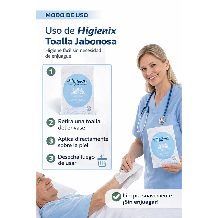 Toalla Jabonosa Higienix Limpieza Corporal Sin Enjuague Pack x12 4