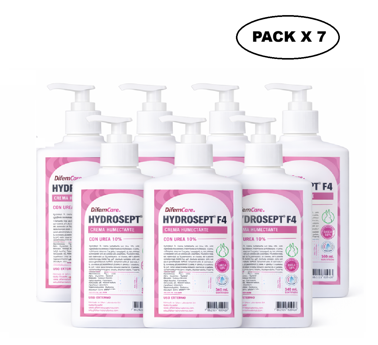 Crema Humectante Con Urea 10% Difem Hydrosept F4 - 340ml Pack x7