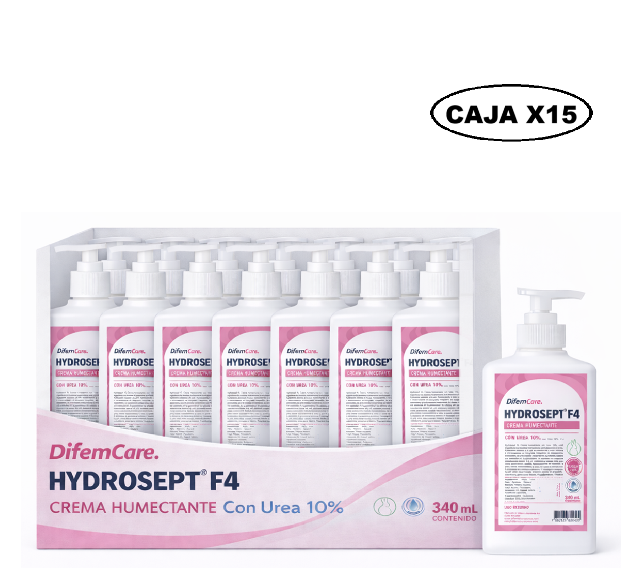 Crema Humectante Con Urea 10% Difem Hydrosept F4 - 340ml  Caja x15