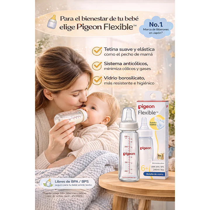 Biberón Vidrio Boca Standard Flexible Pigeon +6M 240ml 3