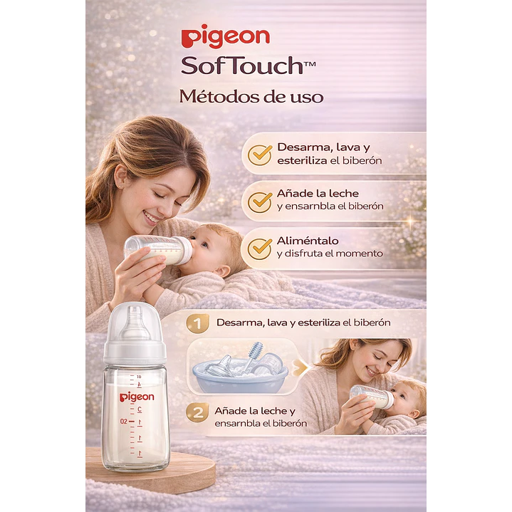 Biberón Vidrio Softouch Boca Ancha Pigeon +0M 160ml 3