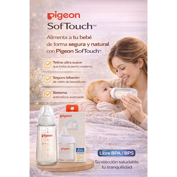 Biberón Vidrio Softouch Boca Ancha Pigeon +0M 160ml 5