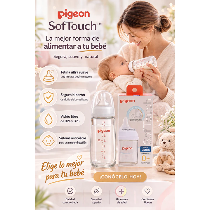 Biberón Vidrio Softouch Boca Ancha Pigeon +0M 160ml 4