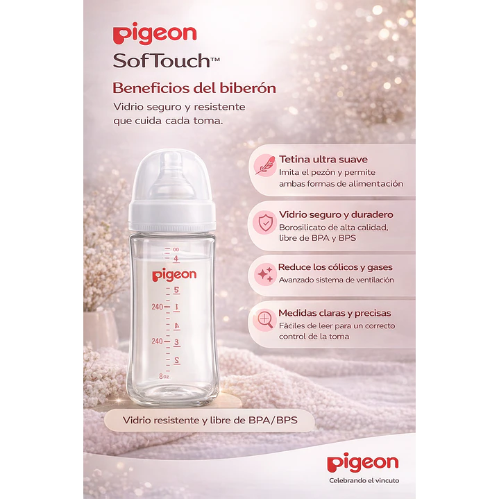 Biberón Vidrio Anticólicos Pigeon Softouch +3M 240ml  3