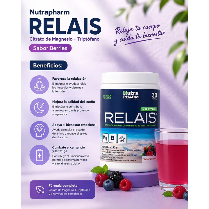 Relais Citrato De Magnesio Con Triptofano Nutrapharm Sabor Berries  150 Gr 3