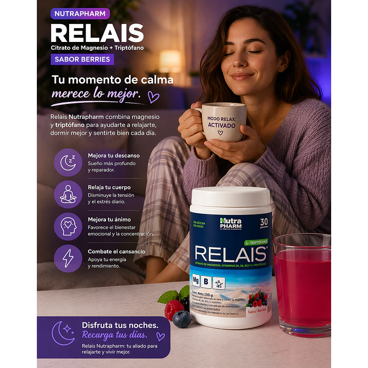 Relais Citrato De Magnesio Con Triptofano Nutrapharm Sabor Berries  150 Gr 5