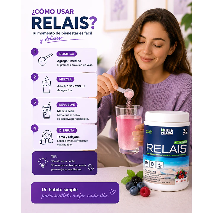 Relais Citrato De Magnesio Con Triptofano Nutrapharm Sabor Berries  150 Gr 4