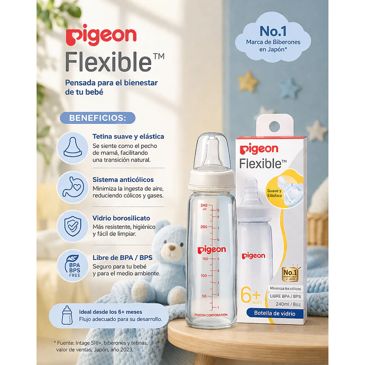 Biberón Vidrio Boca Standard Flexible Pigeon +6M 240ml Pack2 3