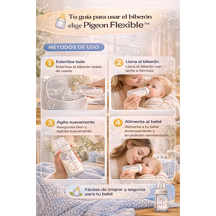Biberón Vidrio Boca Standard Flexible Pigeon +6M 240ml Pack2 7
