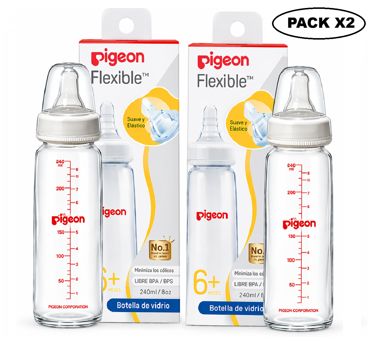 Biberón Vidrio Boca Standard Flexible Pigeon +6M 240ml Pack2