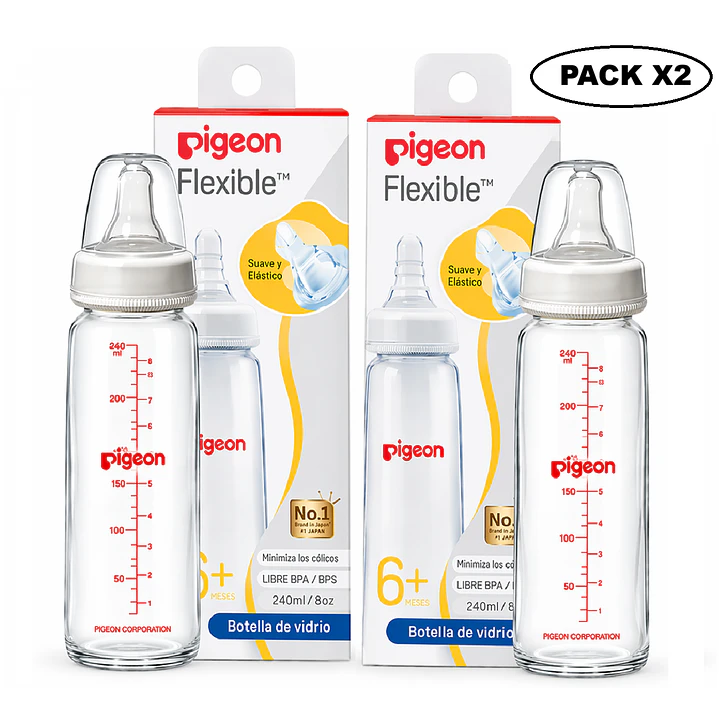 Biberón Vidrio Boca Standard Flexible Pigeon +6M 240ml Pack2 1