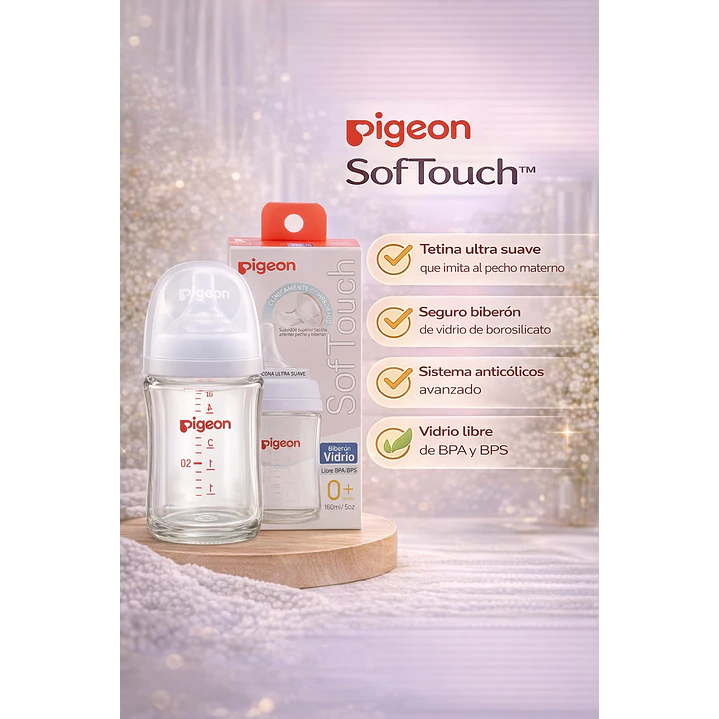 Biberón Vidrio Softouch Boca Ancha Pigeon +0M 160ml Pack x2 3