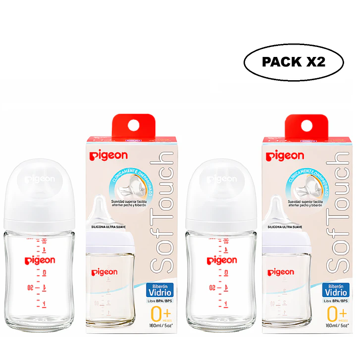 Biberón Vidrio Softouch Boca Ancha Pigeon +0M 160ml Pack x2 1