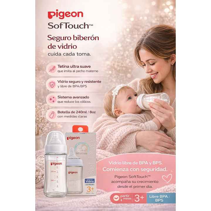 Biberón Vidrio Anticólicos Pigeon Softouch +3M 240ml Pack x2  3