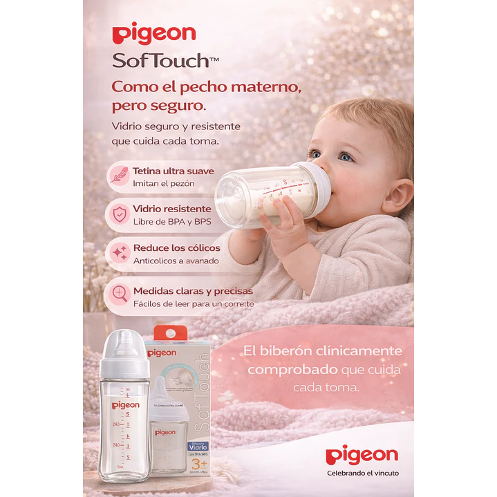 Biberón Vidrio Anticólicos Pigeon Softouch +3M 240ml Pack x2  5
