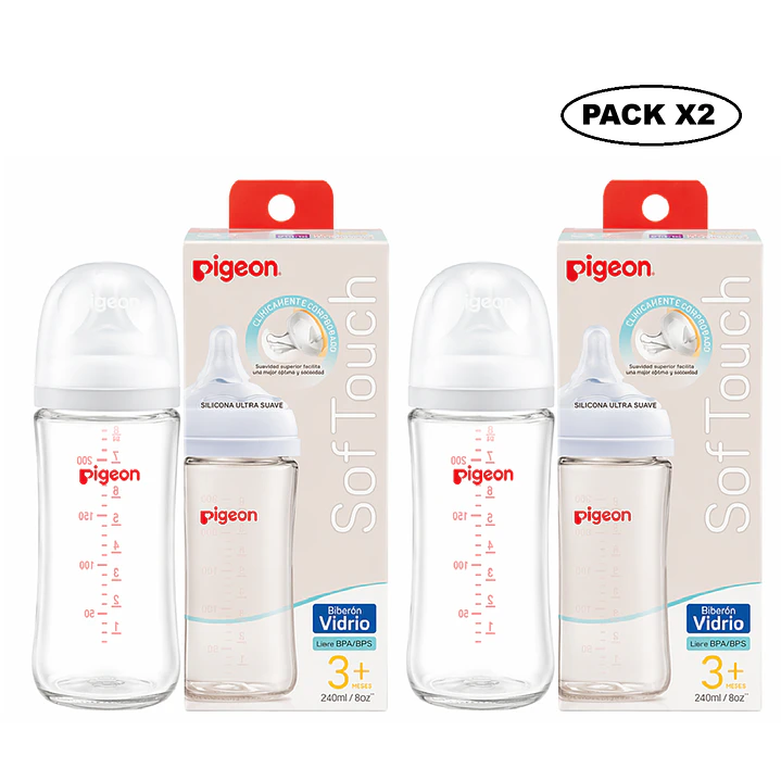 Biberón Vidrio Anticólicos Pigeon Softouch +3M 240ml Pack x2  1