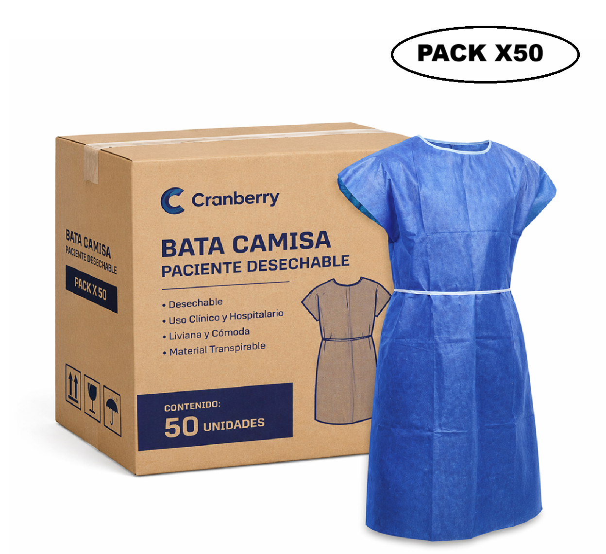 Bata Camisa Paciente Desechable Cranberry Pack 50