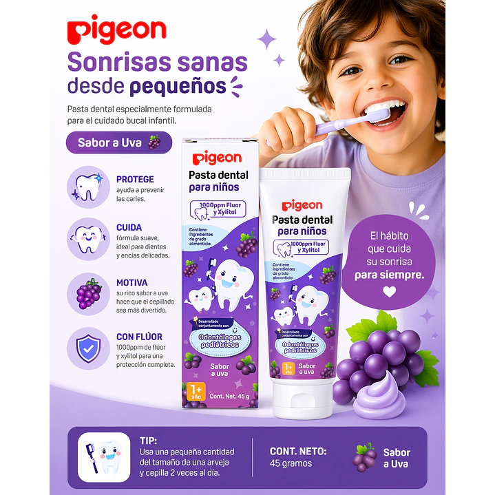 Pasta Dental Para Niños Pigeon Sabor A Uva 45gr Caja x10 5