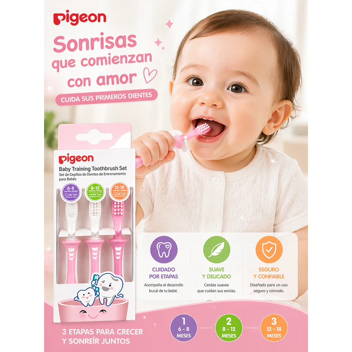 Cepillos Dentales Set  Aprendizaje 3 Etapas Pigeon Rosado  3