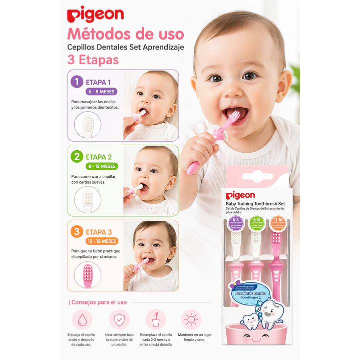 Cepillos Dentales Set  Aprendizaje 3 Etapas Pigeon Rosado  4