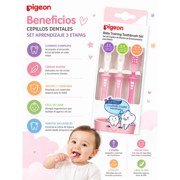 Cepillos Dentales Set  Aprendizaje 3 Etapas Pigeon Rosado  6