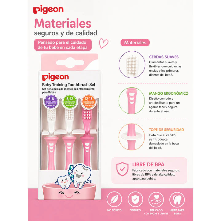 Cepillos Dentales Set  Aprendizaje 3 Etapas Pigeon Rosado  7