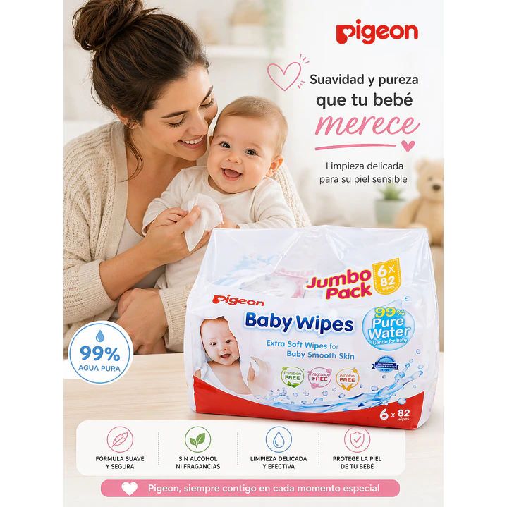 Toallitas Humedas Baby Wipes Pigeon 99% Agua 82u Pack X6 6